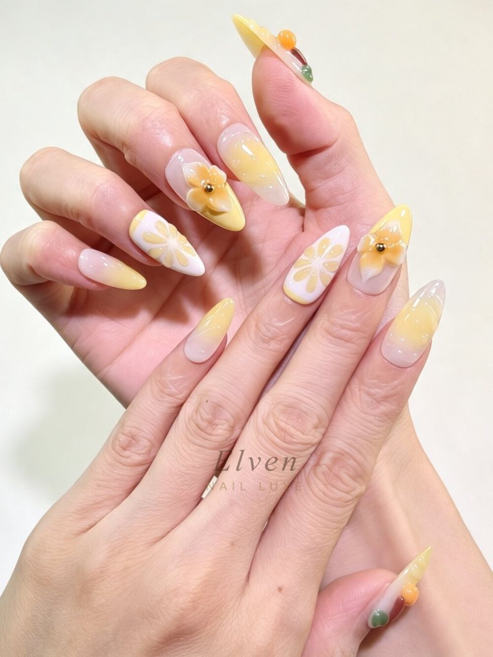 Yellow Floral & Cherry 3D Lemone Fruit Medium Length Almond Press On Nails Set
